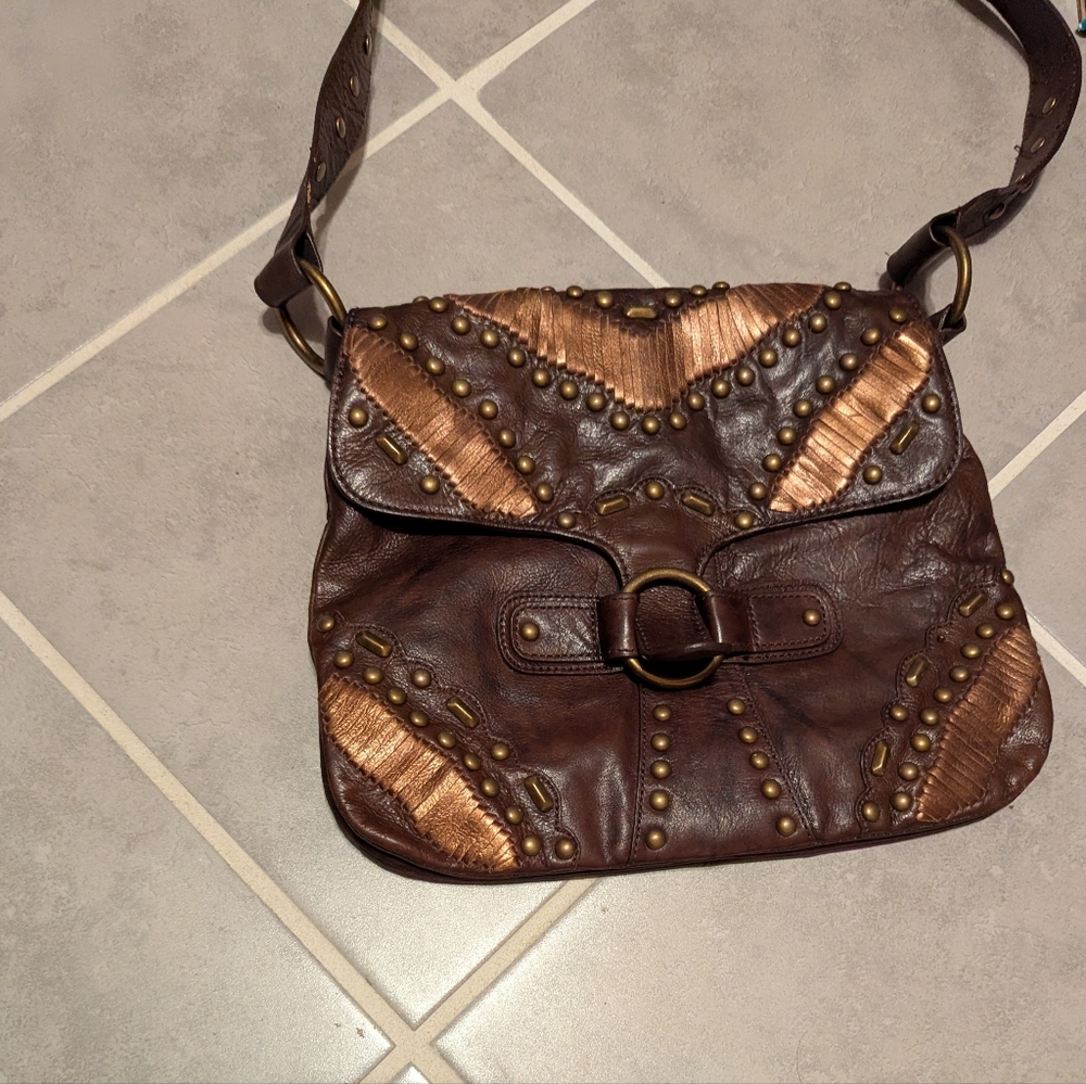 Lake Shore Drive Accessories Brown Faux Leather Studded Shoulder Bag